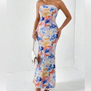 💐Brand New Formal Event Summer Floral Multicolor Strapless Maxi Gown Dress💐